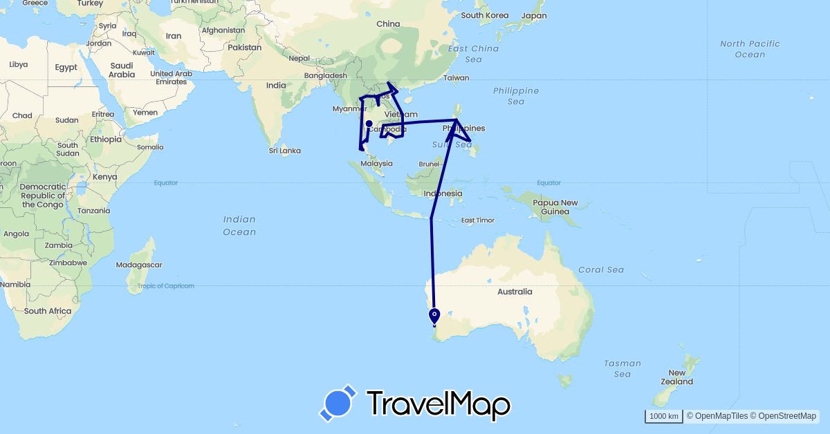 TravelMap itinerary: driving in Australia, Indonesia, Cambodia, Laos, Philippines, Thailand, Vietnam (Asia, Oceania)